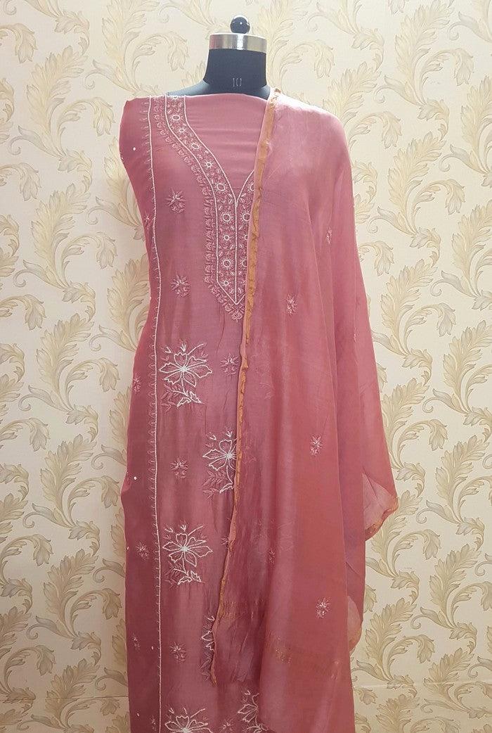 Chikankari Chanderi Suit ( Pearl Work ) - Adah Chikankari