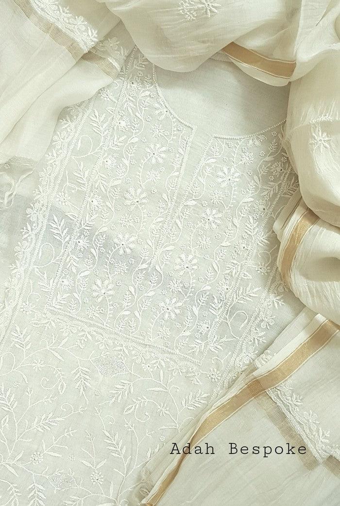 Chikankari Mul Chanderi Suit ( Pearl Work ) - Adah Chikankari