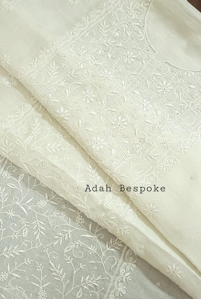 Chikankari Mul Chanderi Suit ( Pearl Work ) - Adah Chikankari