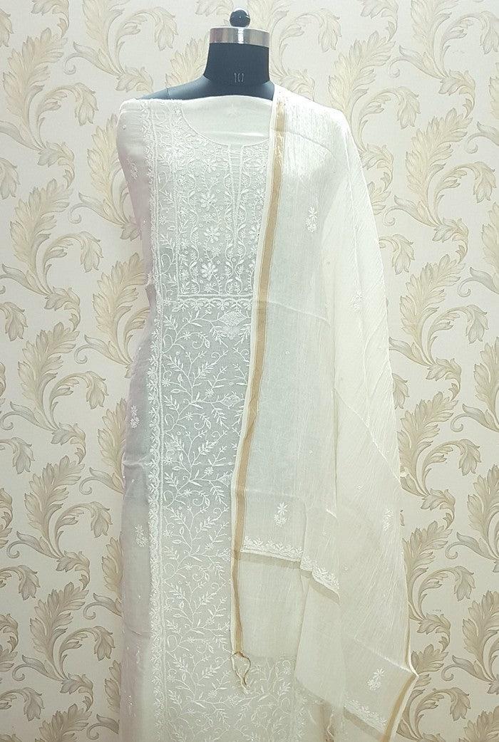 Chikankari Mul Chanderi Suit ( Pearl Work ) - Adah Chikankari