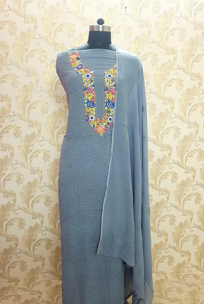 Chikankari Georgette Suit ( Parsi Work ) - Adah Chikankari