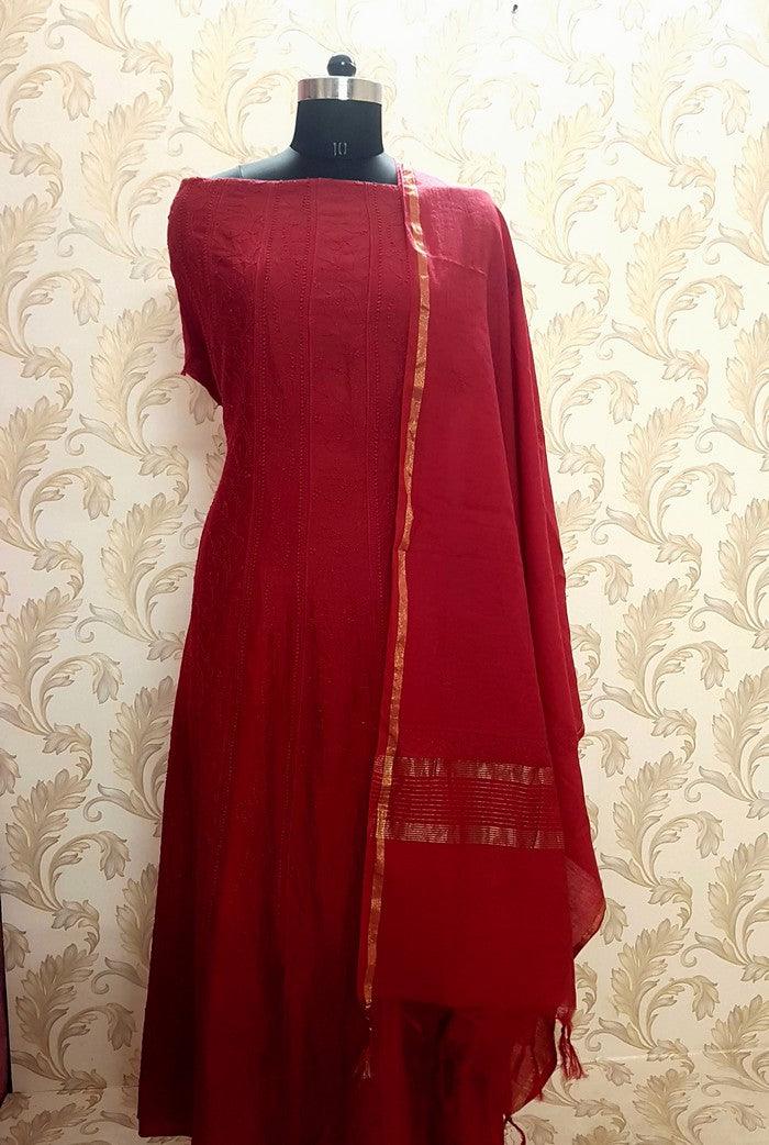 Chikankari Chanderi Silk Anarkali ( Semi Stitched ) - Adah Chikankari