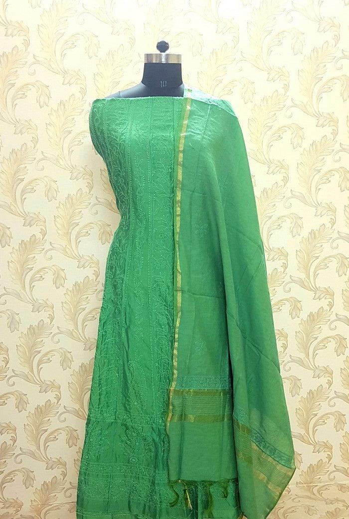 Chikankari Chanderi Silk Anarkali ( Semi Stitched ) - Adah Chikankari