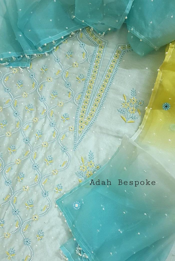 Chikankari Chanderi Designer Suit ( Pearl Work ) - Adah Chikankari
