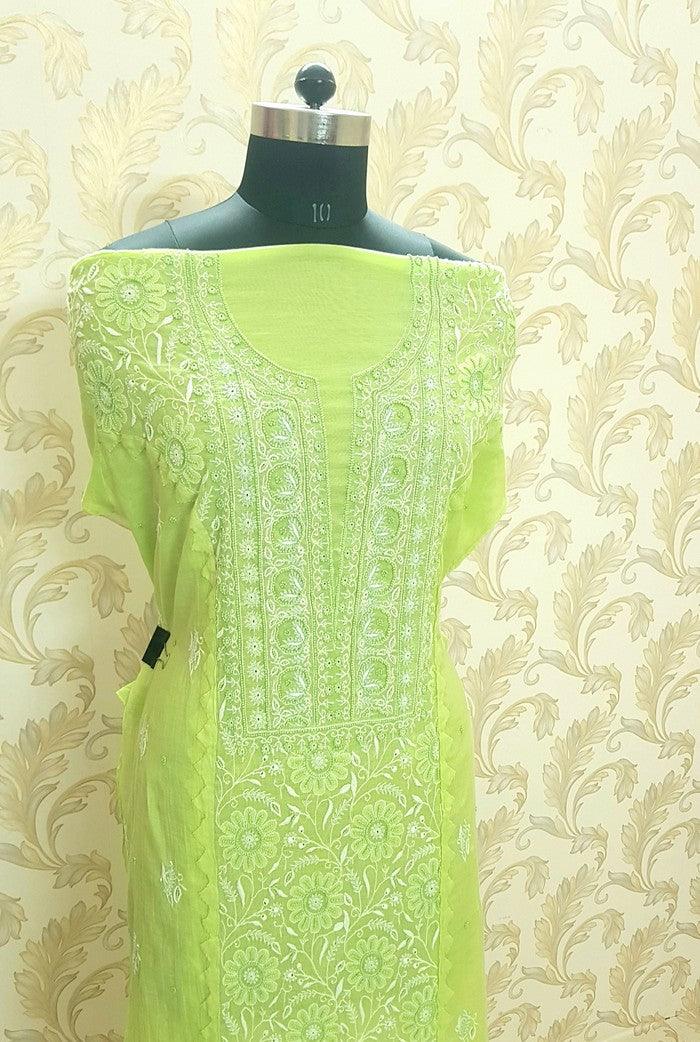 Chikankari Chanderi Designer Suit ( Pearl Work ) - Adah Chikankari