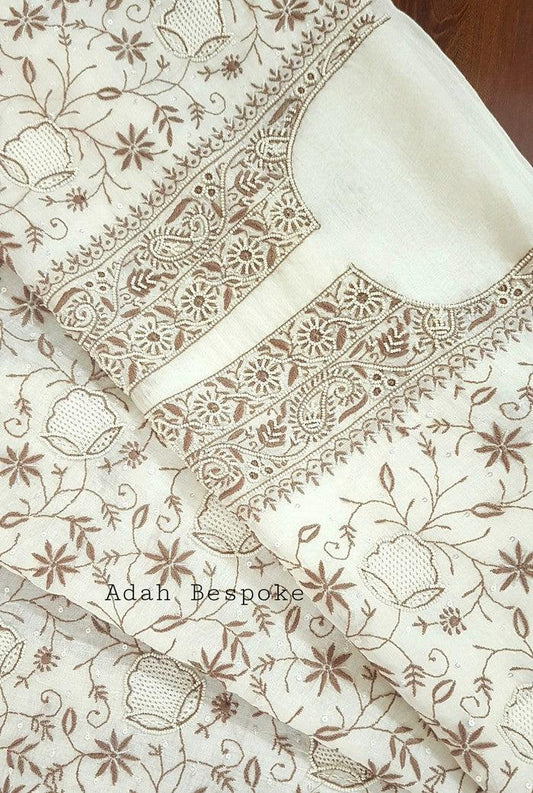 Chikankari Mul Chanderi Suit ( Pearl n Sequins ) - Adah Chikankari