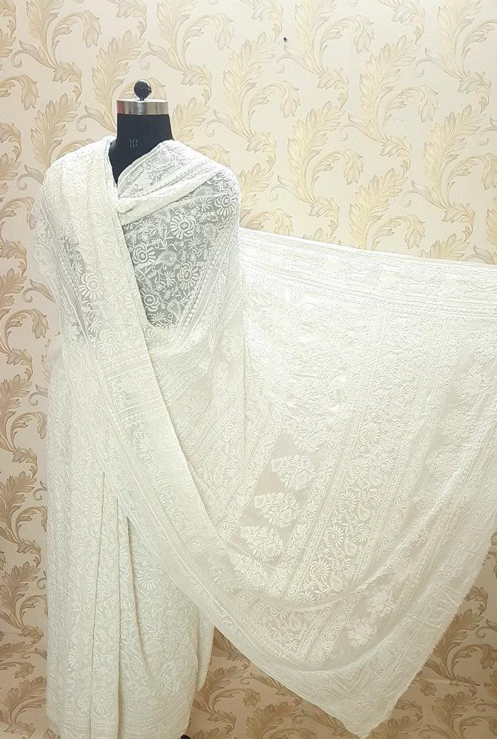 Pure Georgette Chikankari Saree ( Do Taar ) - Adah Chikankari