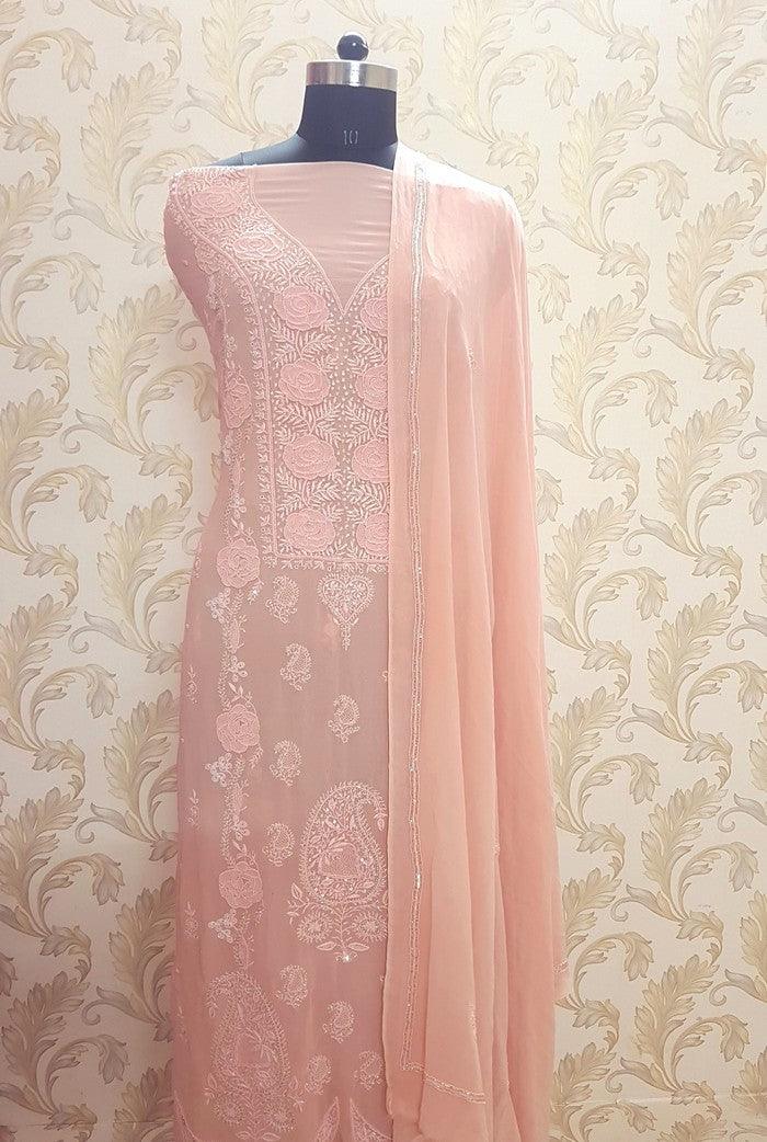 Chikankari Pure Georgette Suit ( Pearl & Sequins ) - Adah Chikankari