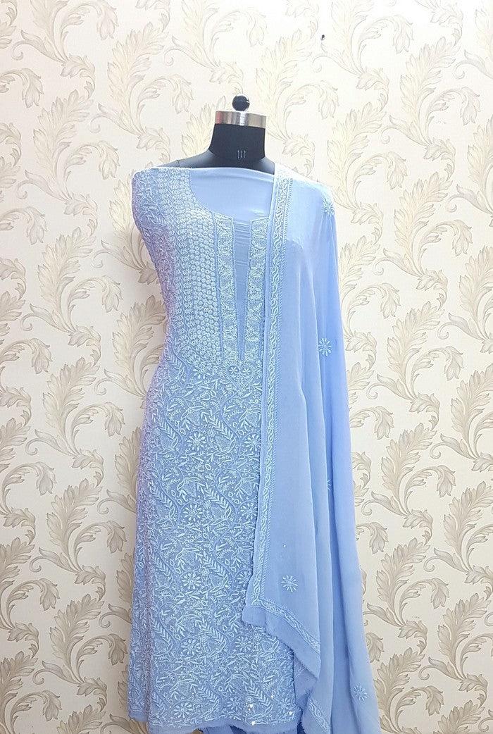 Chikankari Pure Georgette Suit ( Pearl & Sequins ) - Adah Chikankari