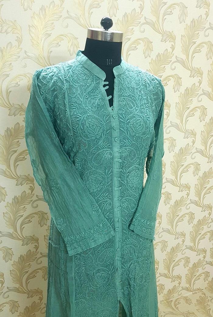 Mul Chanderi Designer Anarkali ( Semi Stitched ) - Adah Chikankari