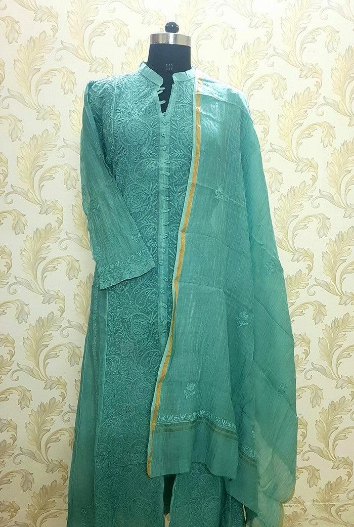 Mul Chanderi Designer Anarkali ( Semi Stitched ) - Adah Chikankari