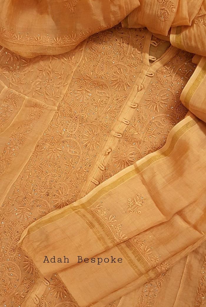 Mul Chanderi Designer Anarkali ( Semi Stitched ) - Adah Chikankari