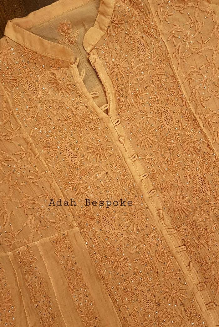 Mul Chanderi Designer Anarkali ( Semi Stitched ) - Adah Chikankari