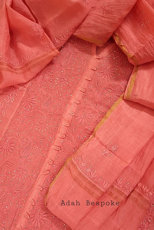 Mul Chanderi Designer Anarkali ( Semi Stitched ) - Adah Chikankari