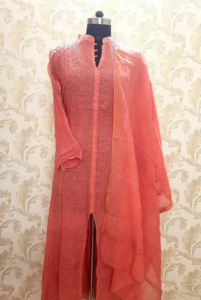 Mul Chanderi Designer Anarkali ( Semi Stitched ) - Adah Chikankari