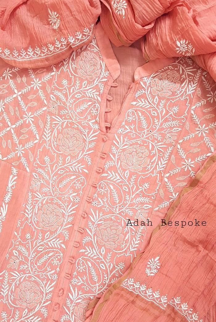 Mul Chanderi Designer Anarkali ( Semi Stitched ) - Adah Chikankari