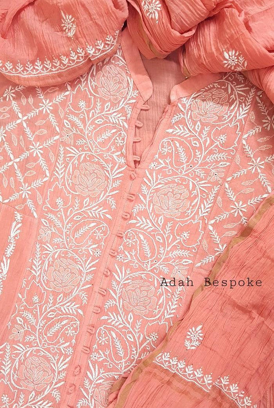 Mul Chanderi Designer Anarkali ( Semi Stitched ) - Adah Chikankari