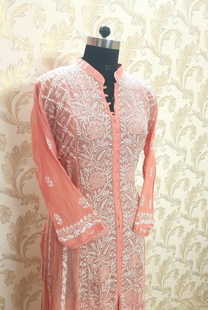 Mul Chanderi Designer Anarkali ( Semi Stitched ) - Adah Chikankari