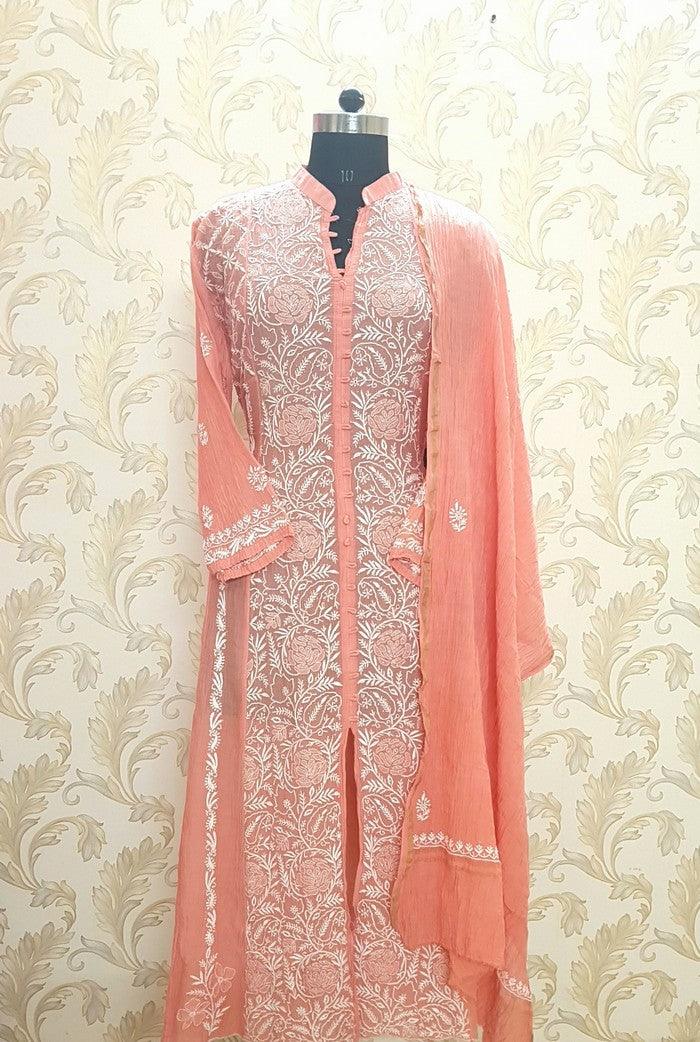 Mul Chanderi Designer Anarkali ( Semi Stitched ) - Adah Chikankari
