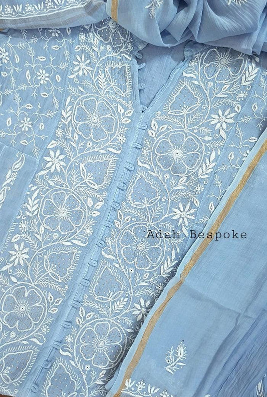 Mul Chanderi Designer Anarkali ( Semi Stitched ) - Adah Chikankari