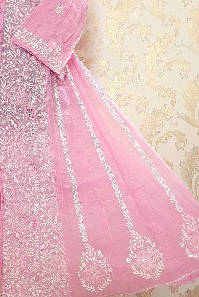 Mul Chanderi Designer Anarkali ( Semi Stitched ) - Adah Chikankari
