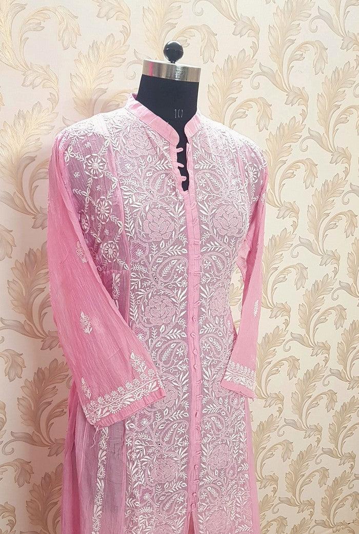 Mul Chanderi Designer Anarkali ( Semi Stitched ) - Adah Chikankari