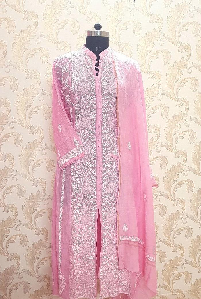 Mul Chanderi Designer Anarkali ( Semi Stitched ) - Adah Chikankari