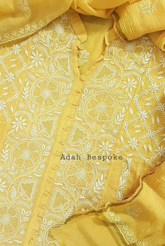 Mul Chanderi Designer Anarkali ( Semi Stitched ) - Adah Chikankari