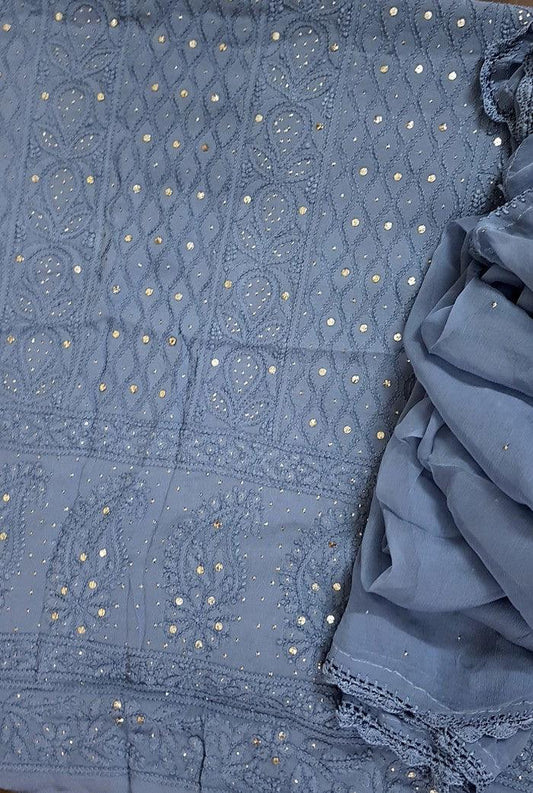 Chikankari Georgette Kurta & Dupatta ( Mukaish ) - Adah Chikankari