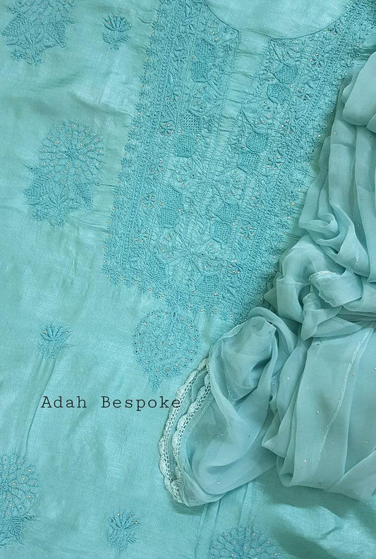 Chikankari Tussar Silk Set ( Do Taar ) - Adah Chikankari