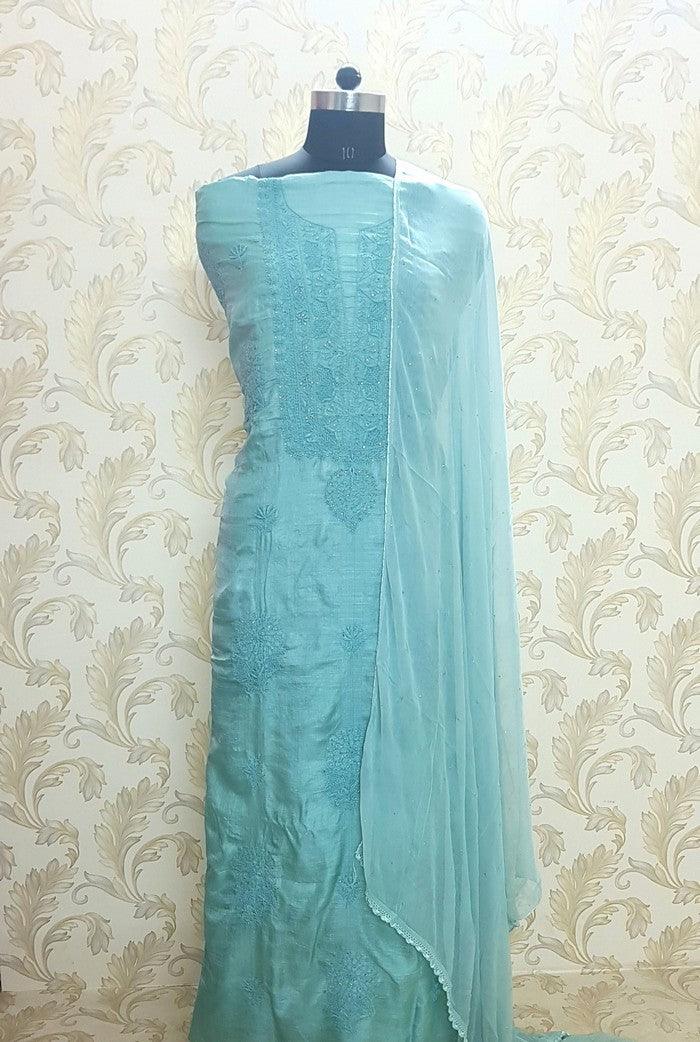 Chikankari Tussar Silk Set ( Do Taar ) - Adah Chikankari