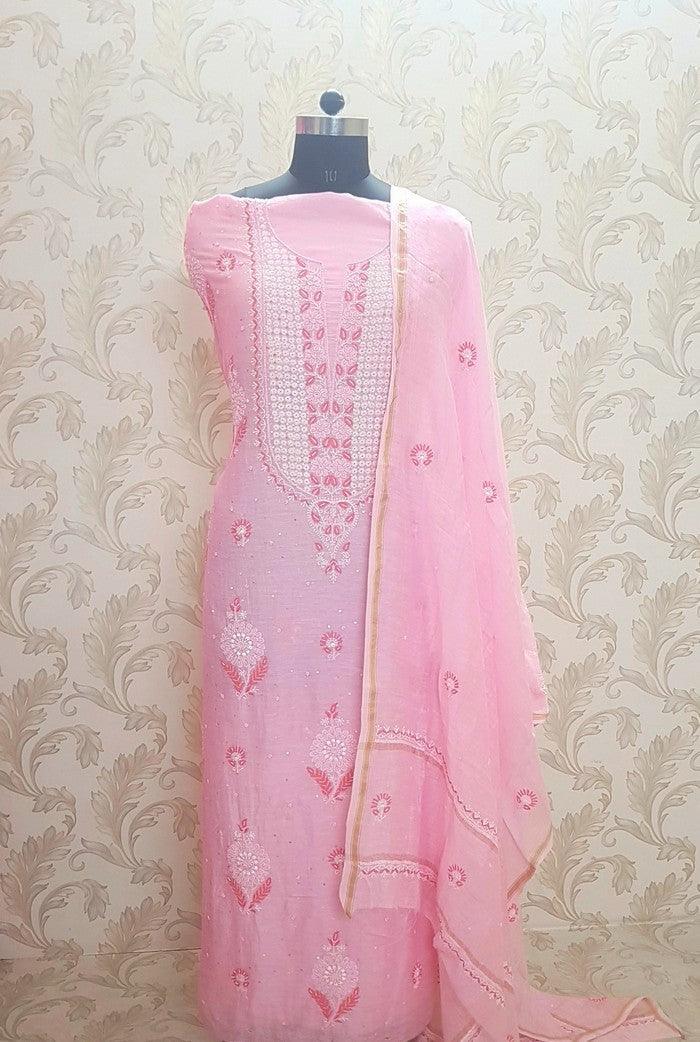 Chikankari Linen Suit ( Pearl Work ) - Adah Chikankari