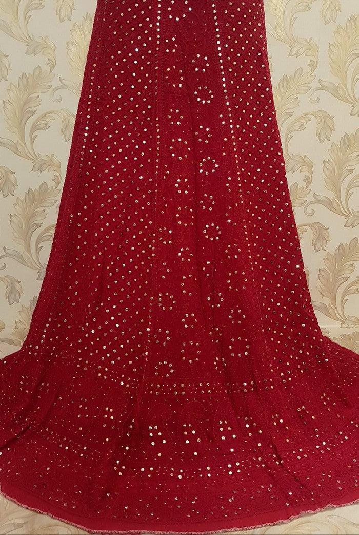 Deep Red Pure Georgette Chikankari Lehenga - Adah Chikankari