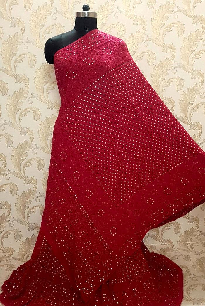 Deep Red Pure Georgette Chikankari Lehenga - Adah Chikankari