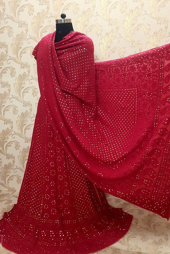 Deep Red Pure Georgette Chikankari Lehenga - Adah Chikankari