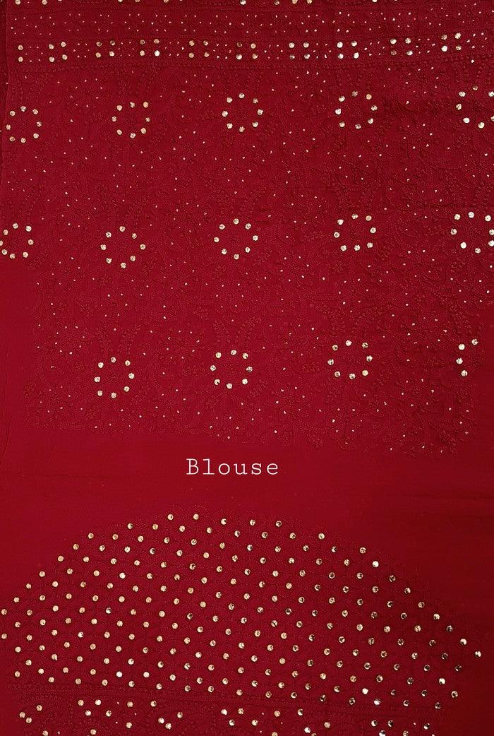 Deep Red Pure Georgette Chikankari Lehenga - Adah Chikankari