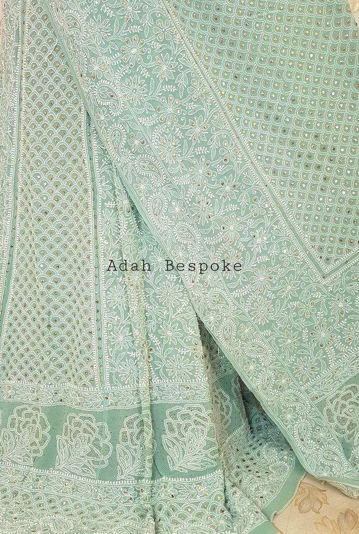 Sage Green Pure Georgette Chikankari Lehenga - Adah Chikankari