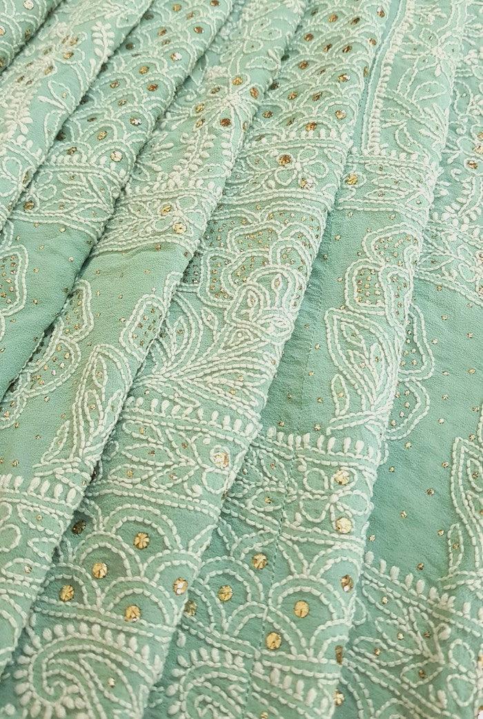 Sage Green Pure Georgette Chikankari Lehenga - Adah Chikankari