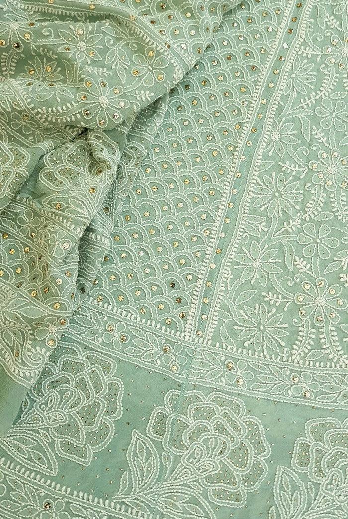 Sage Green Pure Georgette Chikankari Lehenga - Adah Chikankari