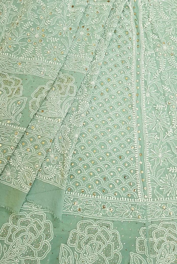 Sage Green Pure Georgette Chikankari Lehenga - Adah Chikankari