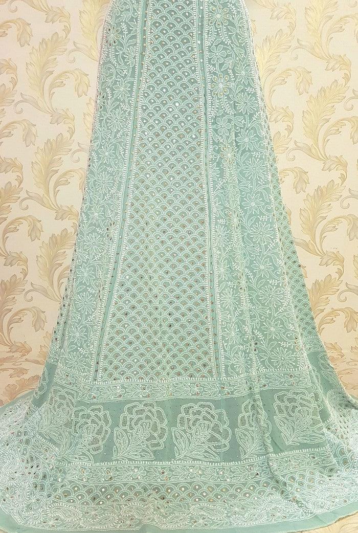 Sage Green Pure Georgette Chikankari Lehenga - Adah Chikankari