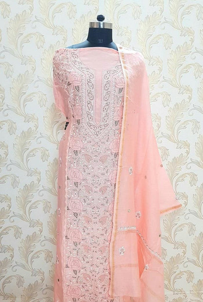 Chikankari Chanderi Designer Suit ( Pearl Work ) - Adah Chikankari