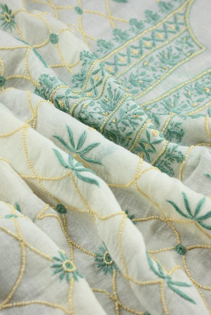 Chikankari Mul Chanderi Suit ( Pearl Work ) - Adah Chikankari