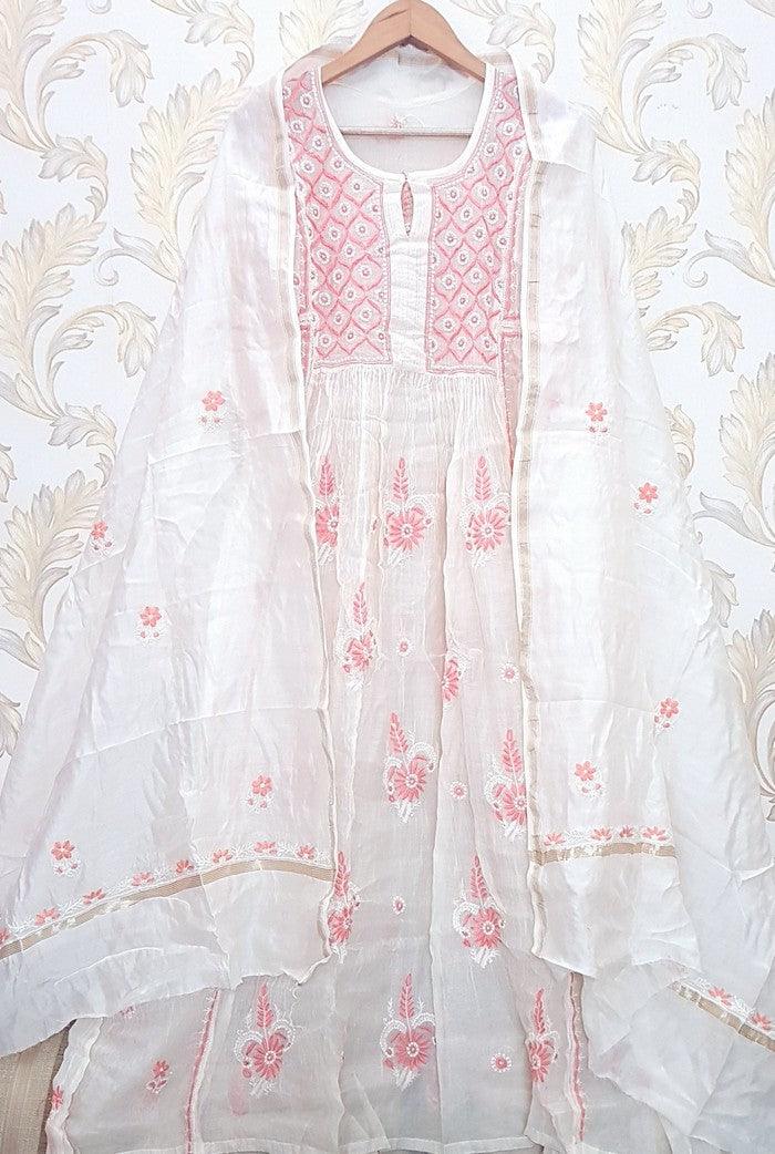 Chikankari Mul Chanderi Anarkali ( Semi Stitched ) - Adah Chikankari