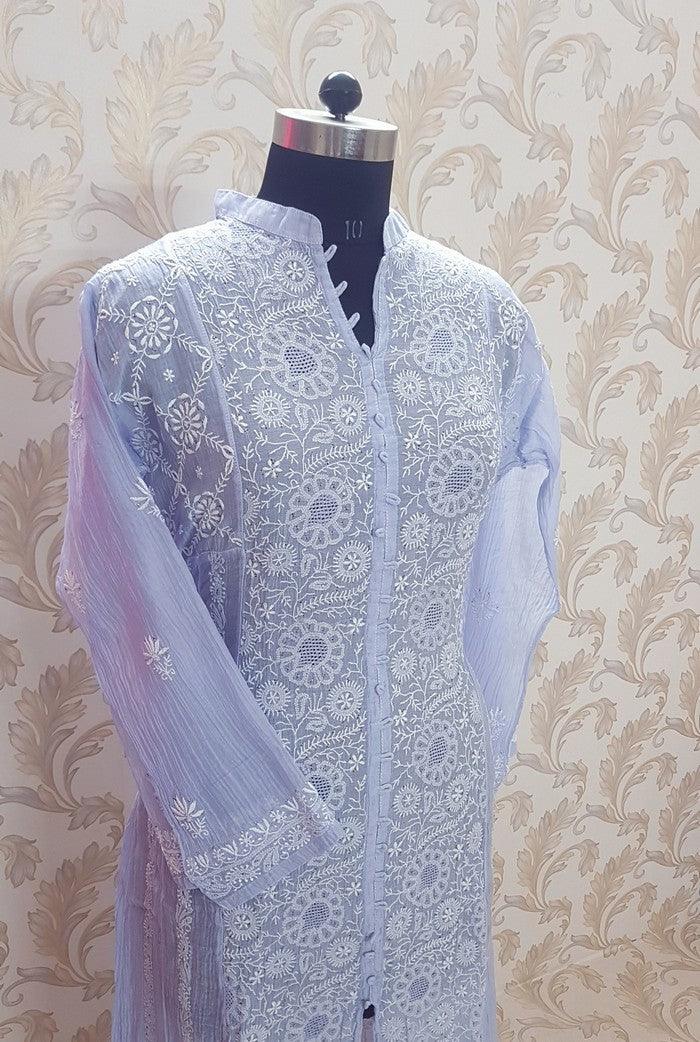 Mul Chanderi Designer Anarkali ( Semi Stitched ) - Adah Chikankari