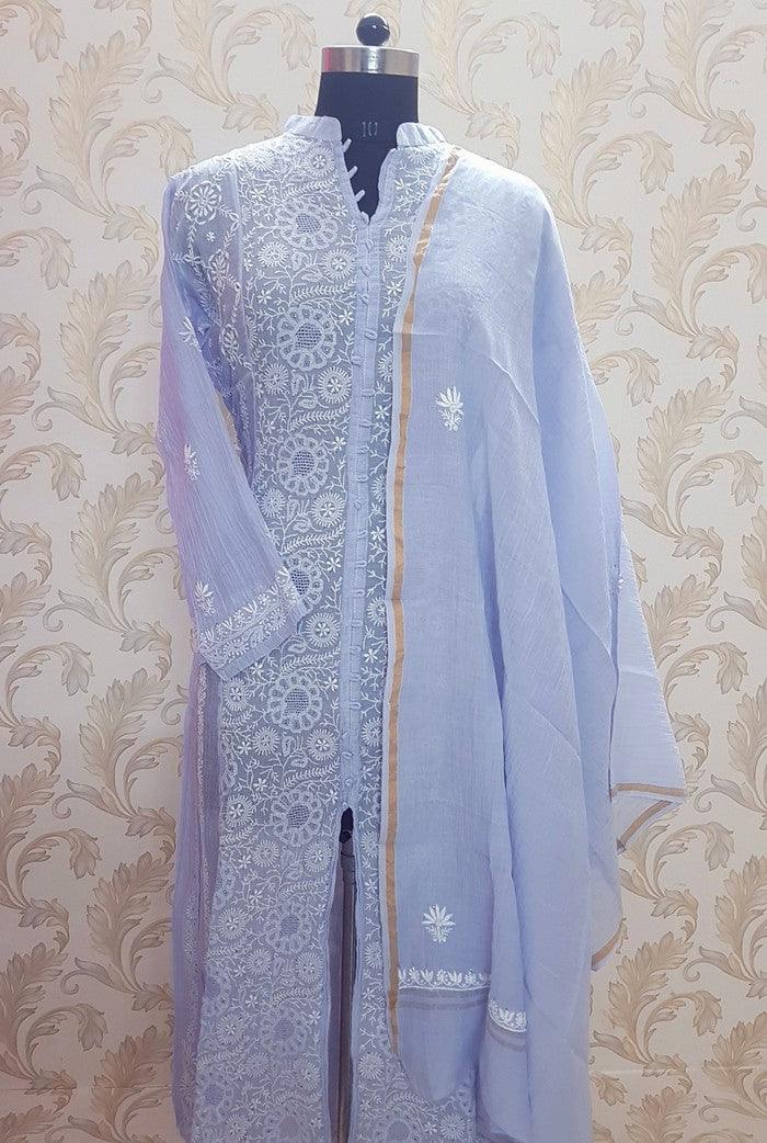 Mul Chanderi Designer Anarkali ( Semi Stitched ) - Adah Chikankari