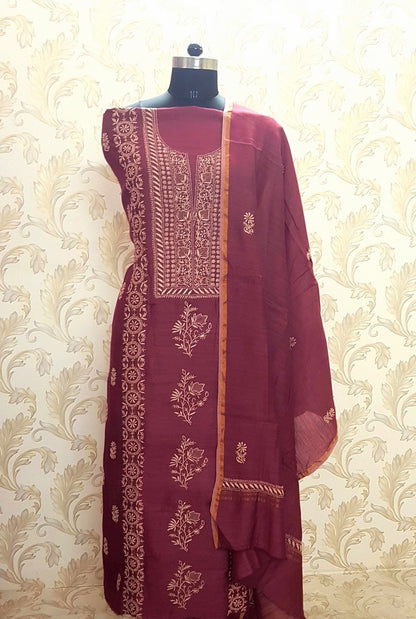 Chikankari Moonga Silk Set ( Do Taar )