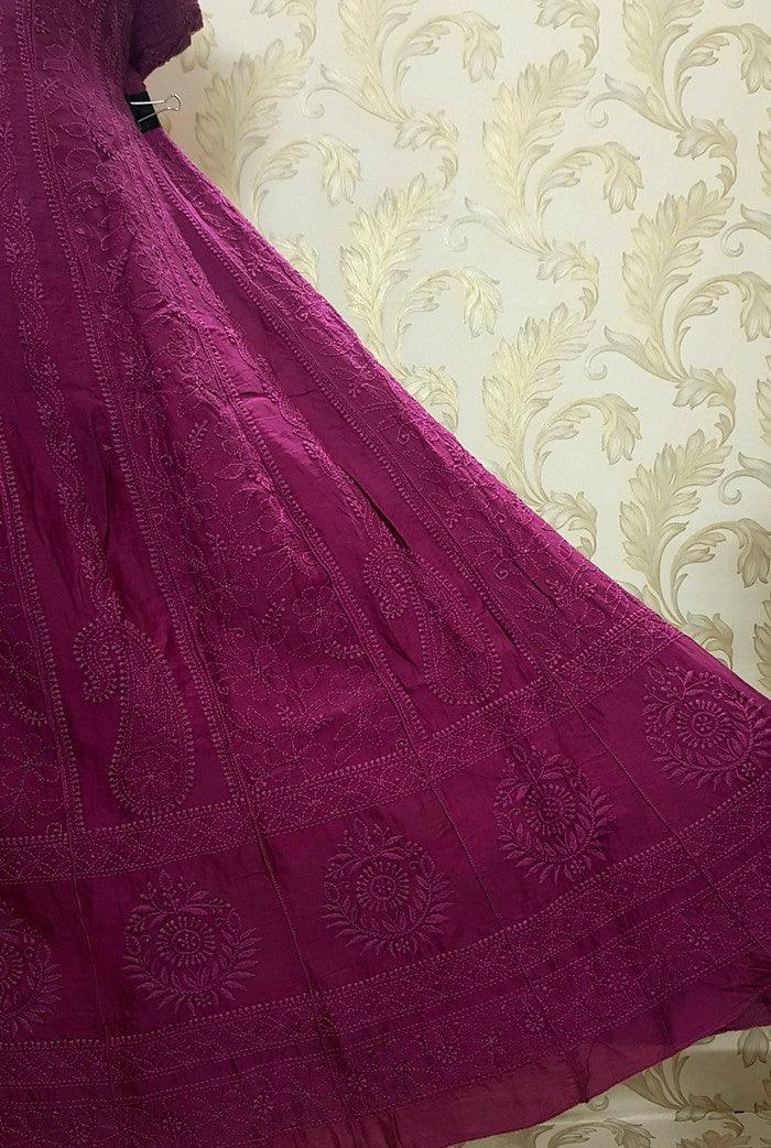 Chikankari Chanderi Silk Anarkali ( Semi Stitched ) - Adah Chikankari