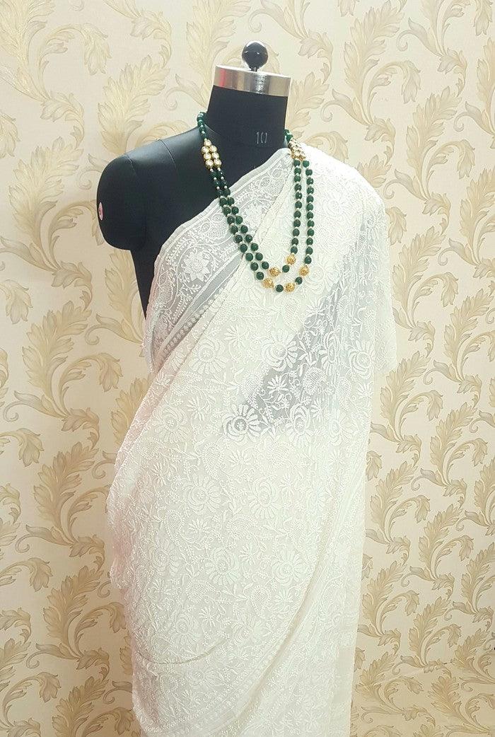 Buy Bohame Ayra Off White Mirror Work & Chikankari Saree with Stitched  Blouse & Petticoat online