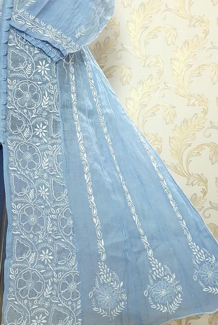 Mul Chanderi Designer Anarkali ( Semi Stitched ) - Adah Chikankari